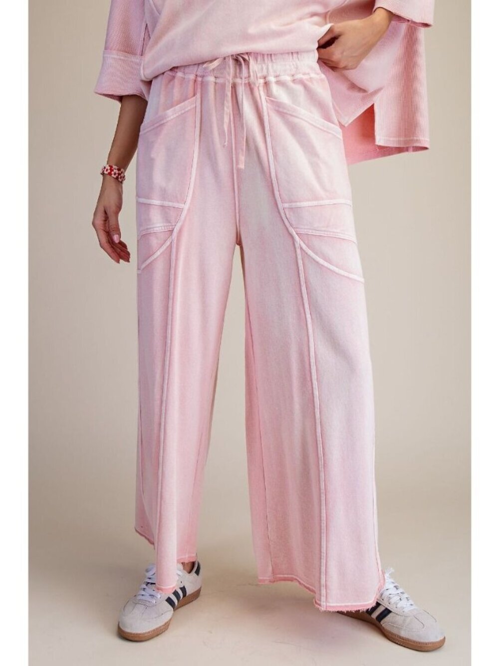 Easel Everyday Exposed Seam Wide Leg Lounge Pants in Blush Pink